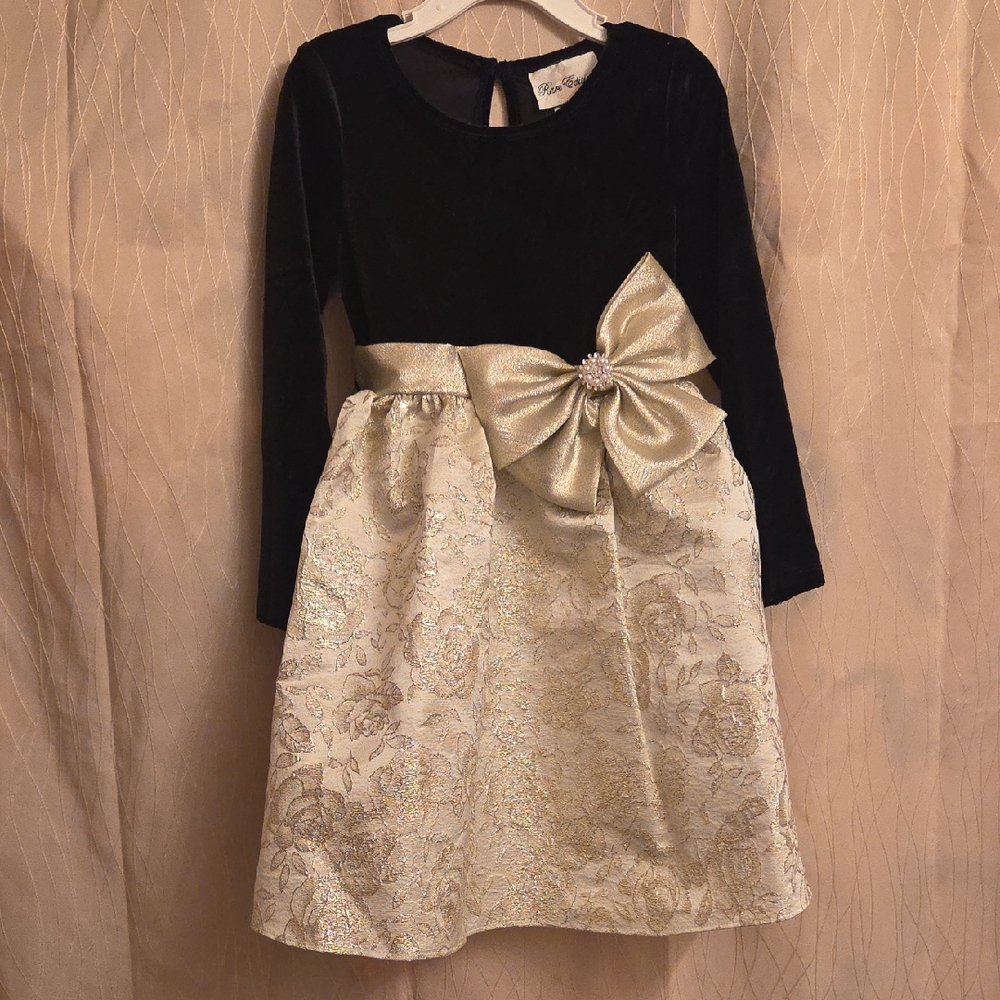 Black & Gold Velvet-Bodice & Brocade Party Dress with‎ Bow